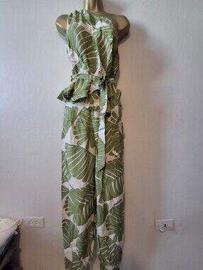 Green Leaf Print Halter Jl Two Piece Set